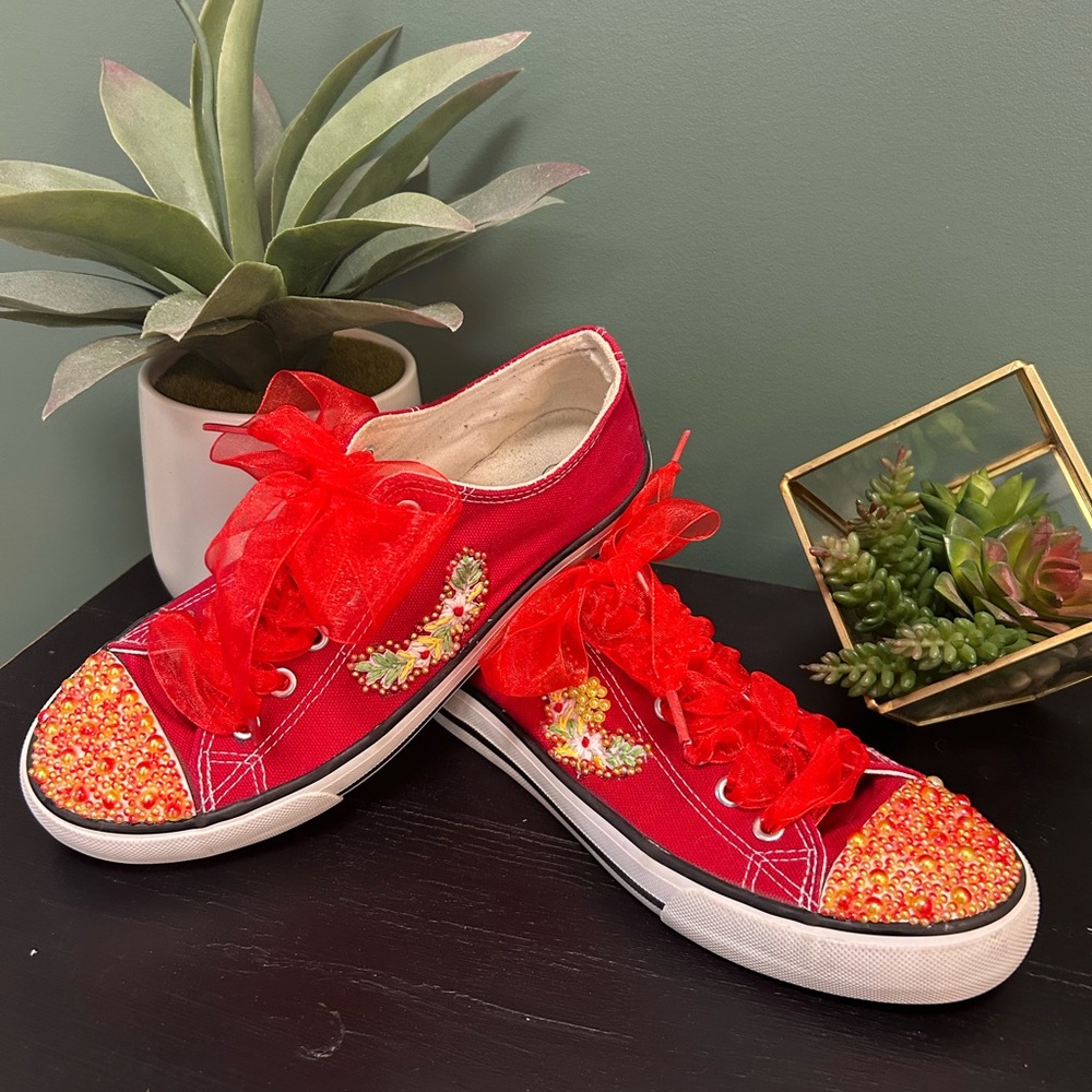 Converse Red Canvas Women's Sneakers with Beaded Toecaps